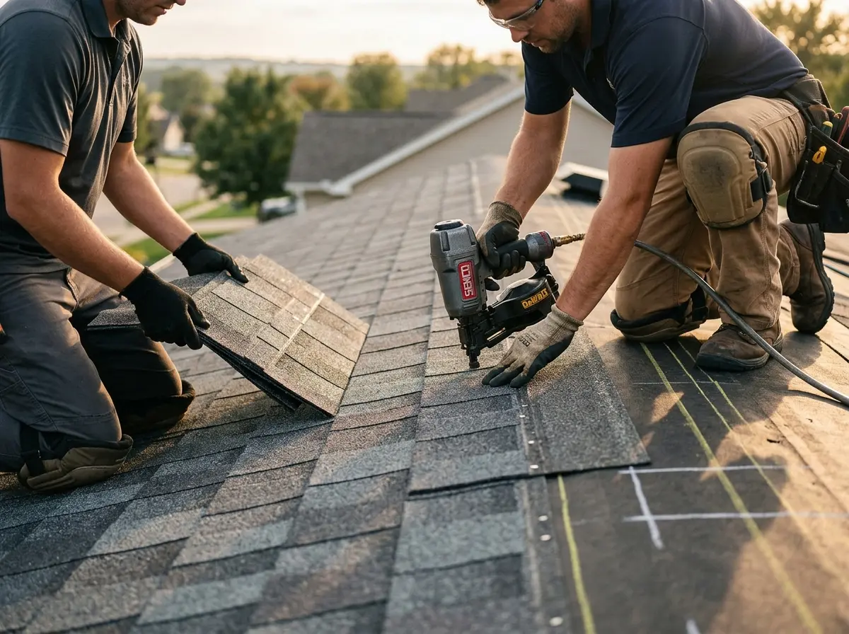 Professional roofer working on a residential roof in Peachtree City